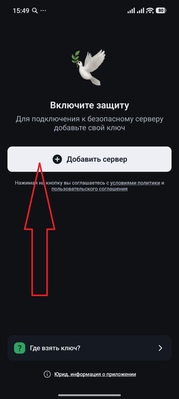 Главный экран V2Ray Client с кнопкой Добавить сервер
